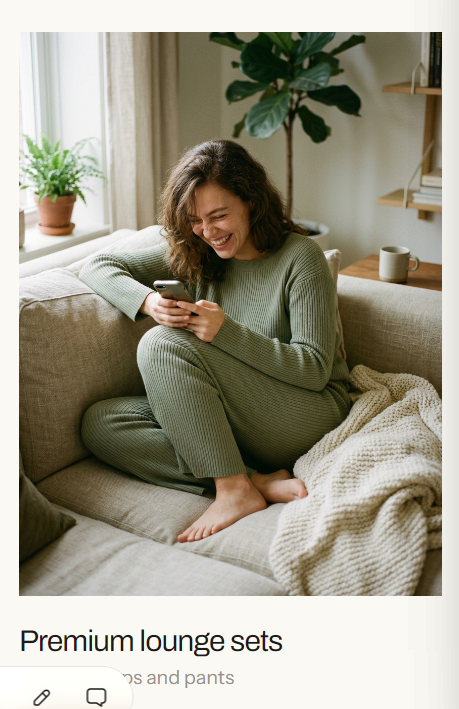 Woman in premium beige loungewear resting in a sunlit modern apartment